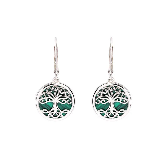 Sterling Silver Malachite Tree of Life Drop Earrings