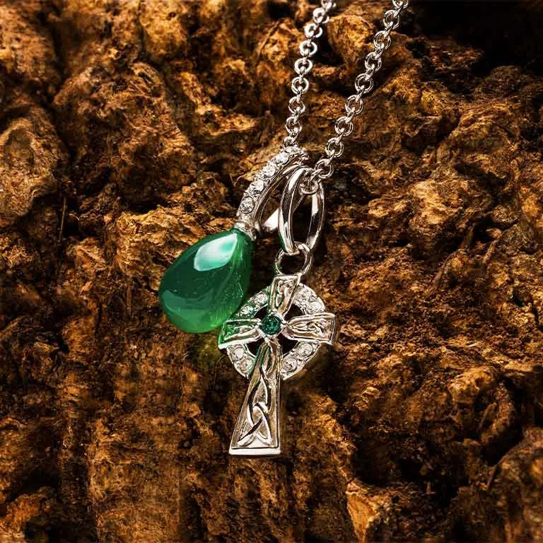 Sterling Silver Crystal and Green Agate Celtic Cross Necklace