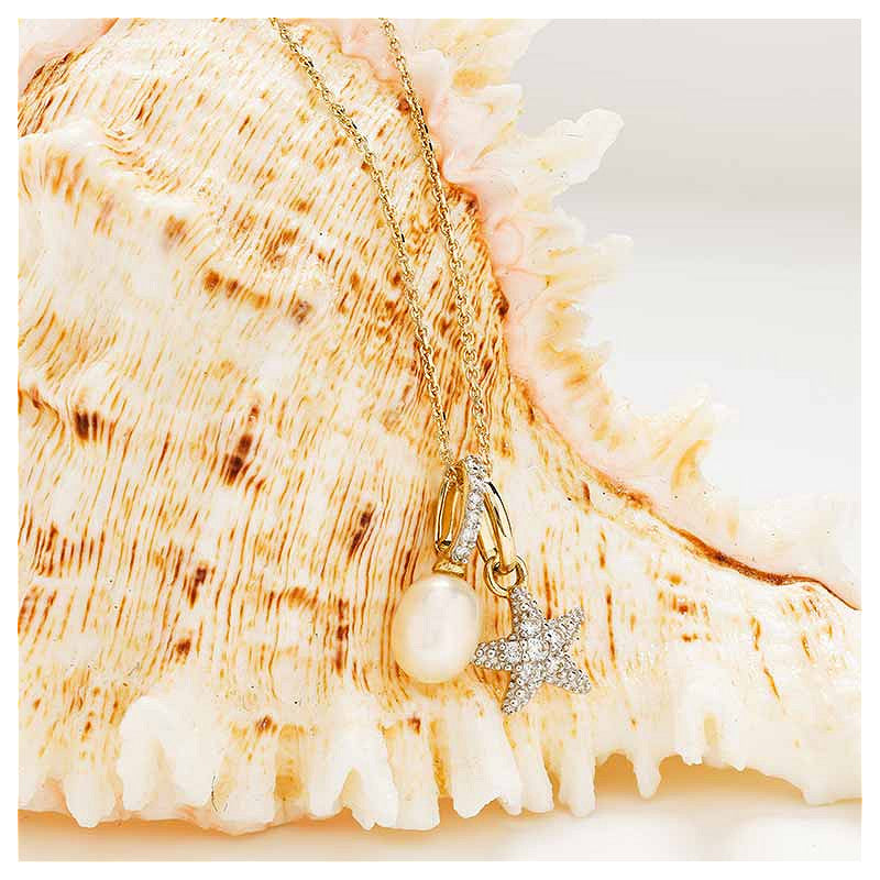 14ct Gold Lab Grown Diamond and Freshwater Pearl Star Fish Necklace