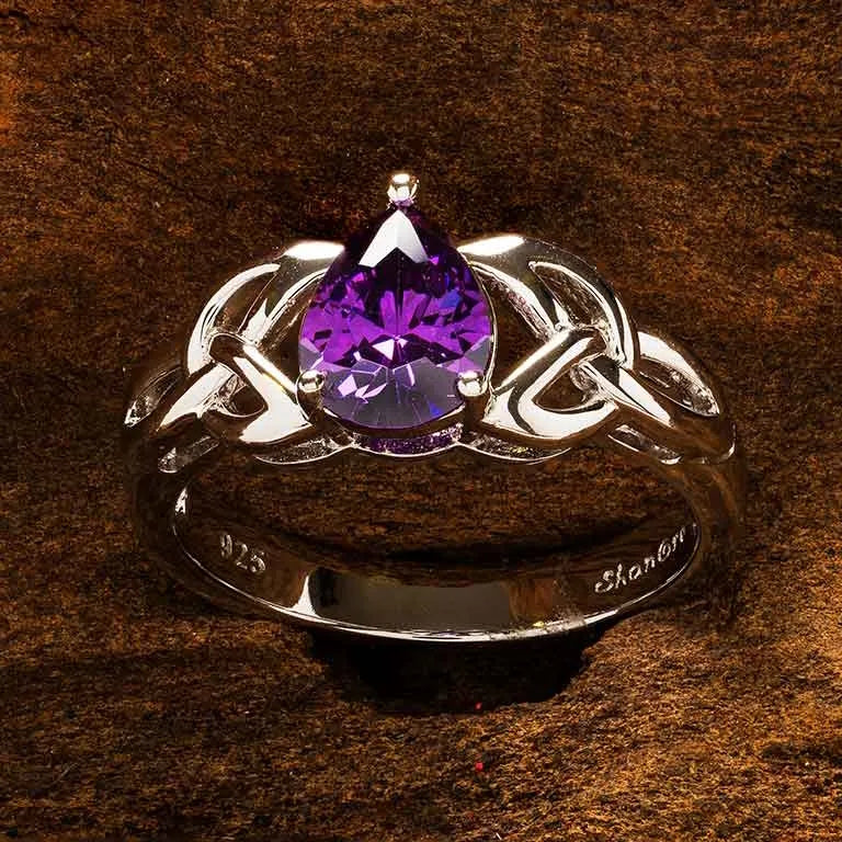 Sterling Silver Amethyst Cubic Zirconia Trinity Knot Ring