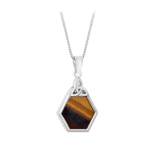 Sterling Silver Tiger Eye Hexagon Trinity Knot Pendant