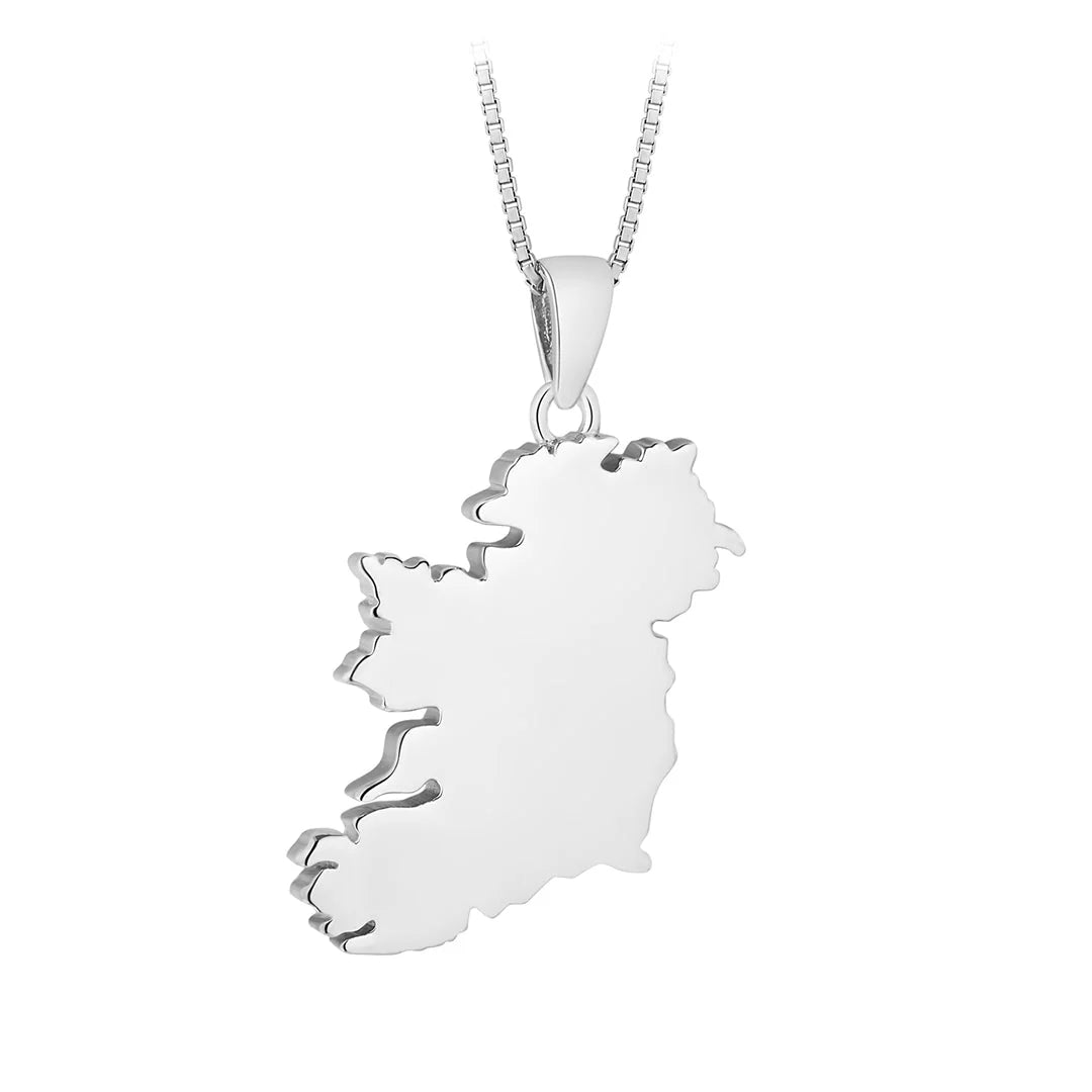 Silver pendant shaped like a map of Ireland on a white background