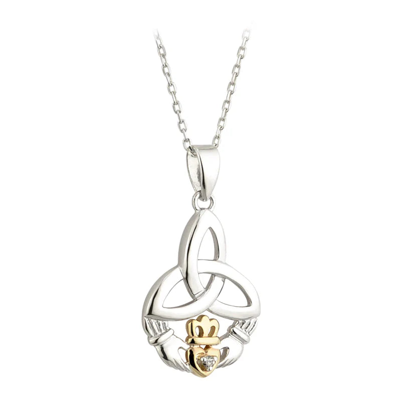 Sterling Silver 10ct Gold Diamond Trinity Knot Claddagh Pendant