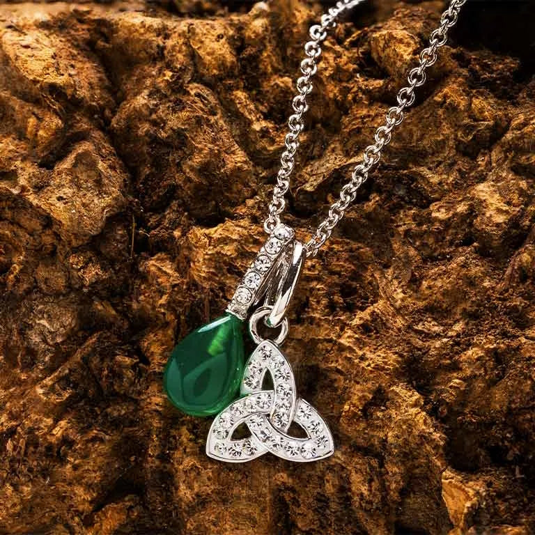 Sterling Silver Crystal and Green Agate Trinity Knot Necklace