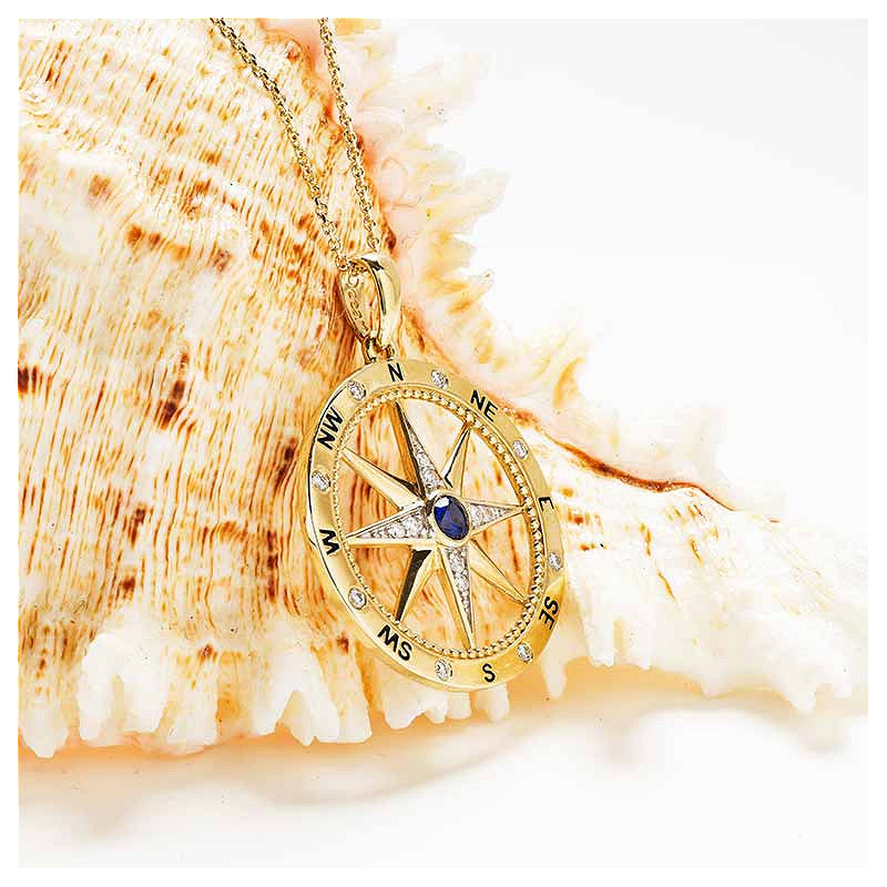 14ct Gold Lab Grown Diamond and Sapphire Compass Necklace