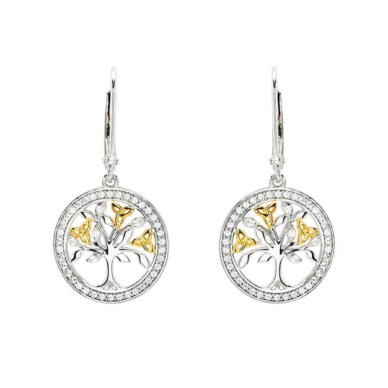 Sterling Silver Cubic Zirconia Gold Plated Tree of Life Earrings
