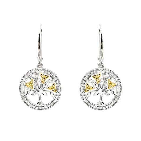 Sterling Silver Cubic Zirconia Gold Plated Tree of Life Earrings
