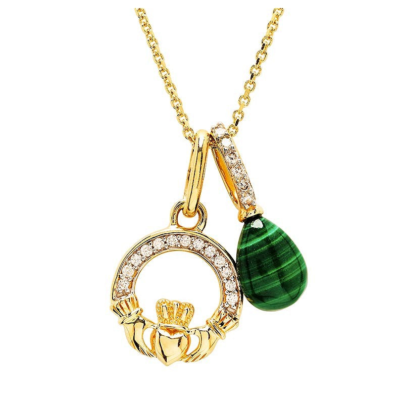14ct Gold Lab Grown Diamond Malachite Claddagh Necklace