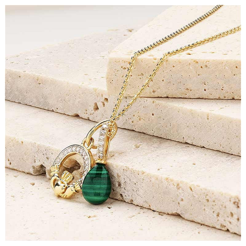 14ct Gold Lab Grown Diamond Malachite Claddagh Necklace