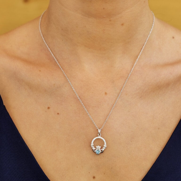 Sterling Silver Claddagh March Birthstone Pendant with Swarovski Crystals