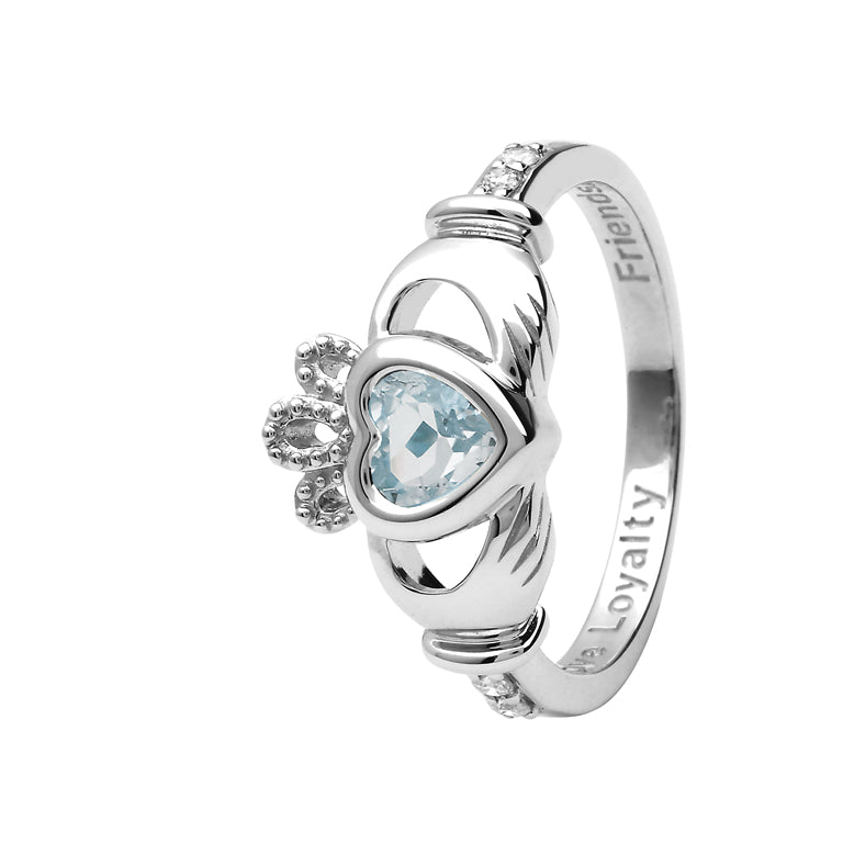 14ct White Gold Aquamarine March Birthstone Claddagh Ring