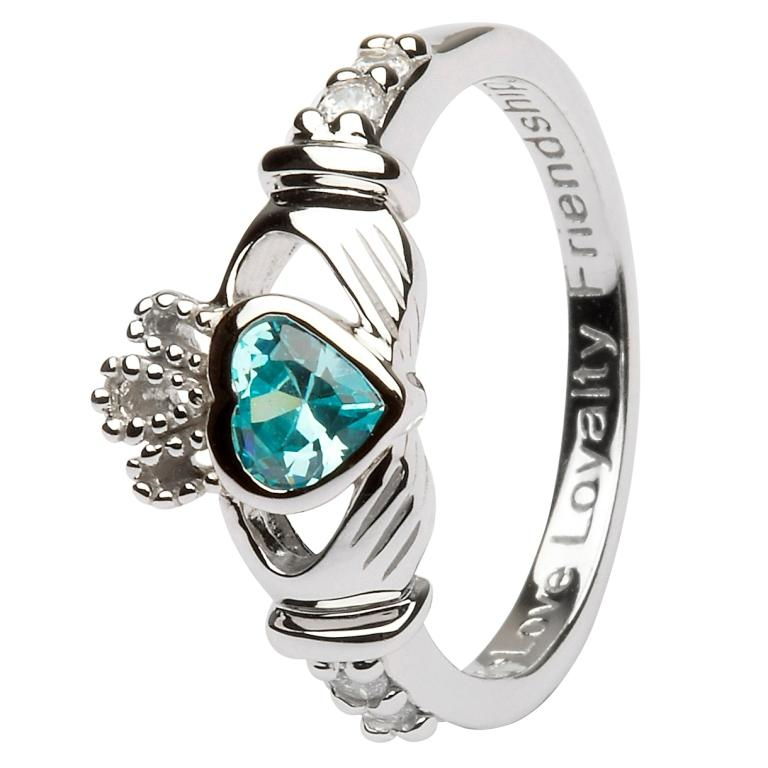 Sterling Silver March Birthstone Claddagh Ring