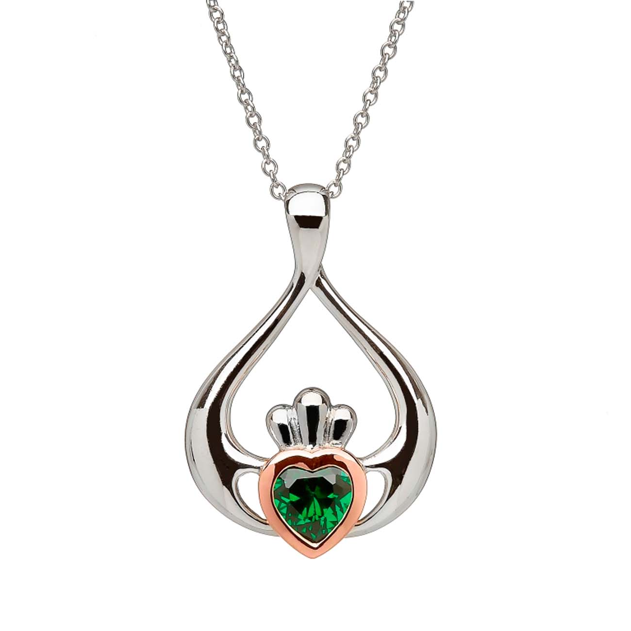 Sterling Silver & Irish Rose Gold Green Cubic Zirconia Claddagh Pendant