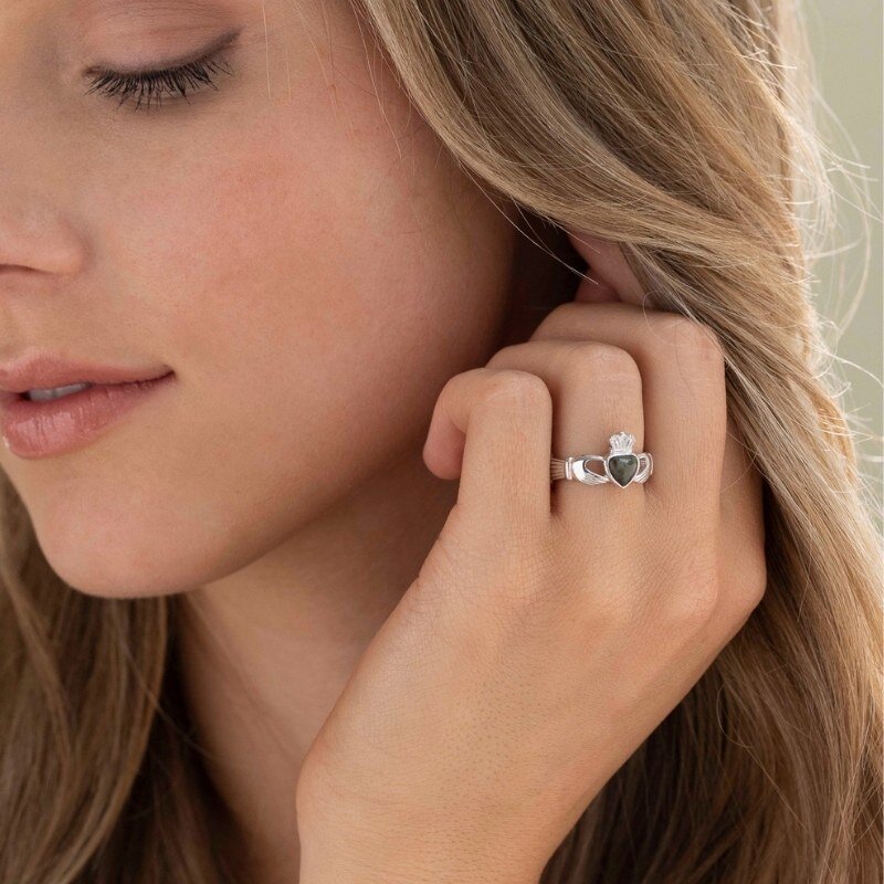 Sterling Silver Connemara Marble Claddagh Weave Ring