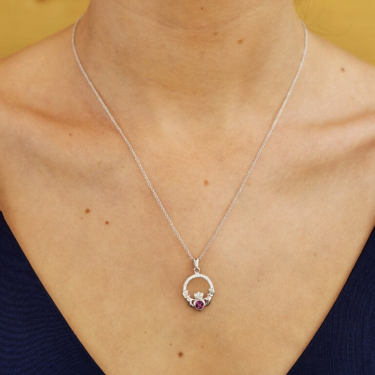 Sterling Silver Claddagh February Birthstone Pendant with Crystals