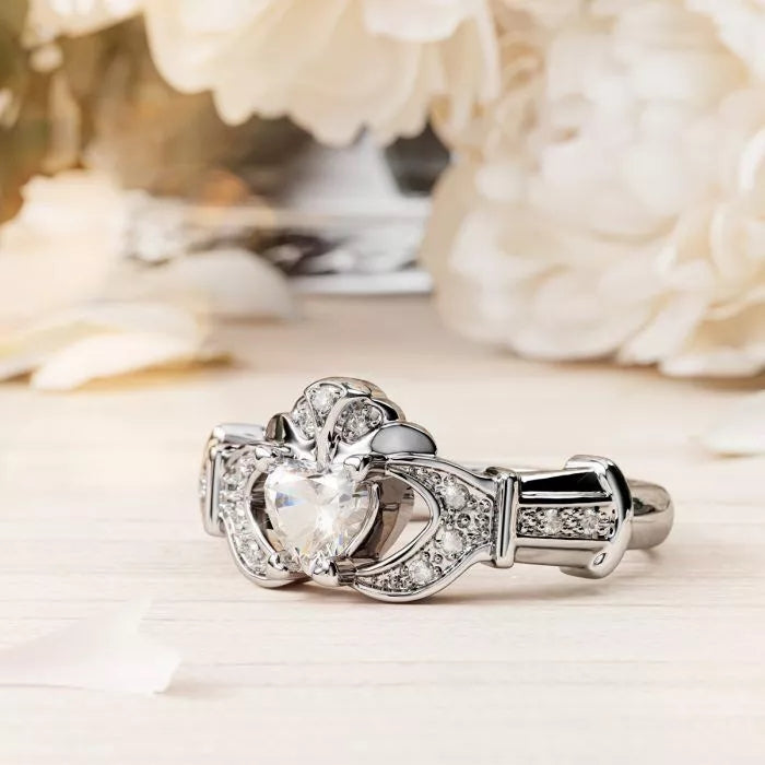 14ct White Gold Diamond Claddagh Ring