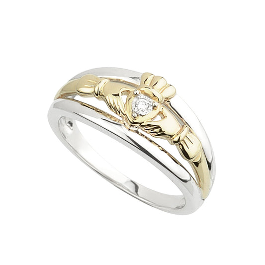 10ct Gold and Sterling Silver Diamond Claddagh Ring