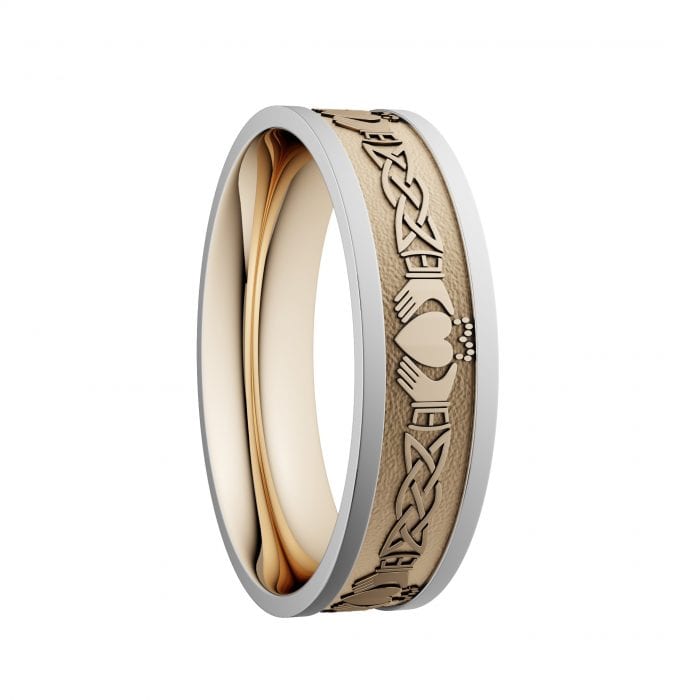 Claddagh & Lovers Knot Wedding Ring with White Rails - Wide