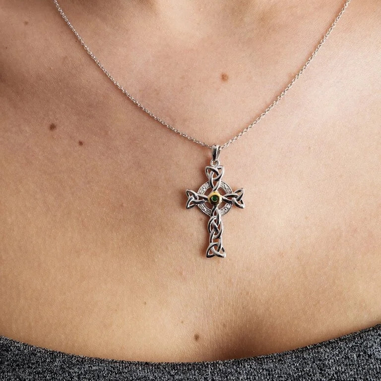 Sterling Silver Trinity Diamond and Emerald Cross Necklace