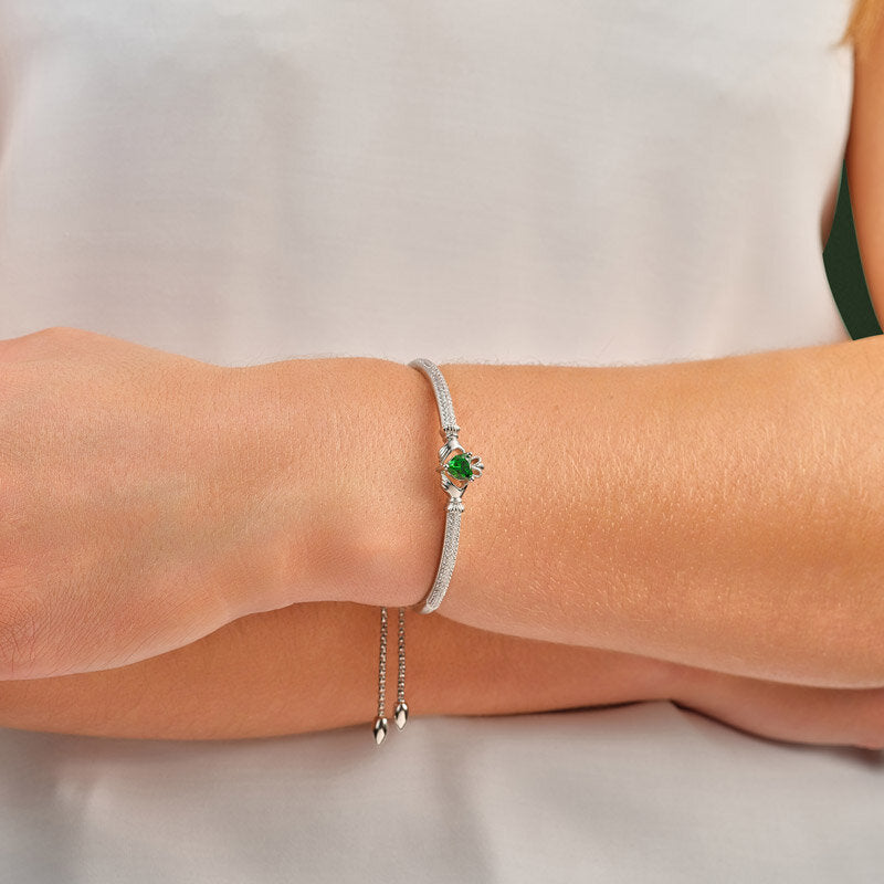 Sterling Silver Cubic Zirconia Claddagh Draw String Bangle