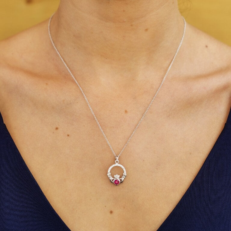 Sterling Silver Claddagh July Birthstone Pendant with Swarovski Crystals