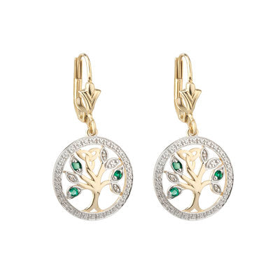 Celtic 14ct Yellow Gold Diamond and Emerald Tree of Life Earrings