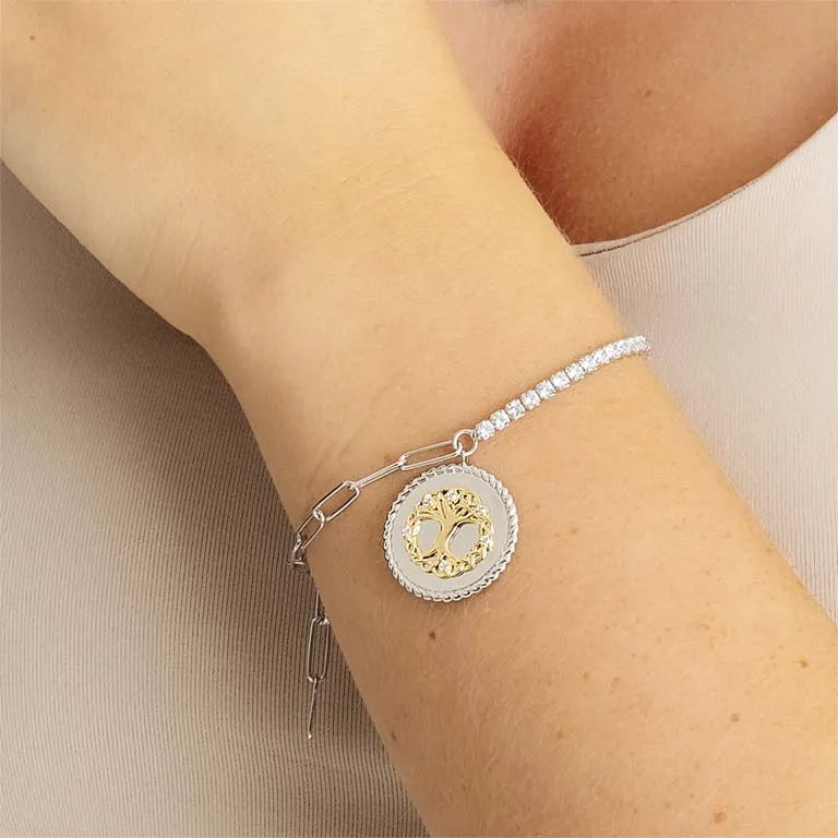 Sterling Silver Paperclip Celtic Medallion Bracelet with Gold Plated Tree of Life