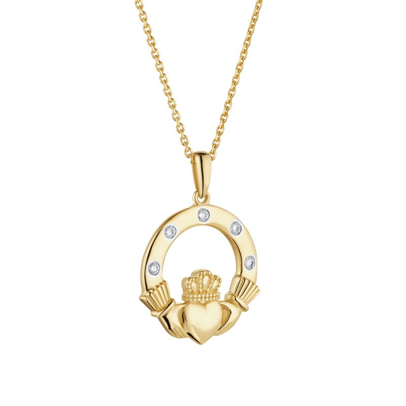 14ct Yellow Gold flush set Diamond Claddagh Necklace