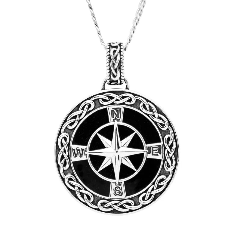 Men's Sterling Silver Black Onyx Celtic Compass North Star Pendant