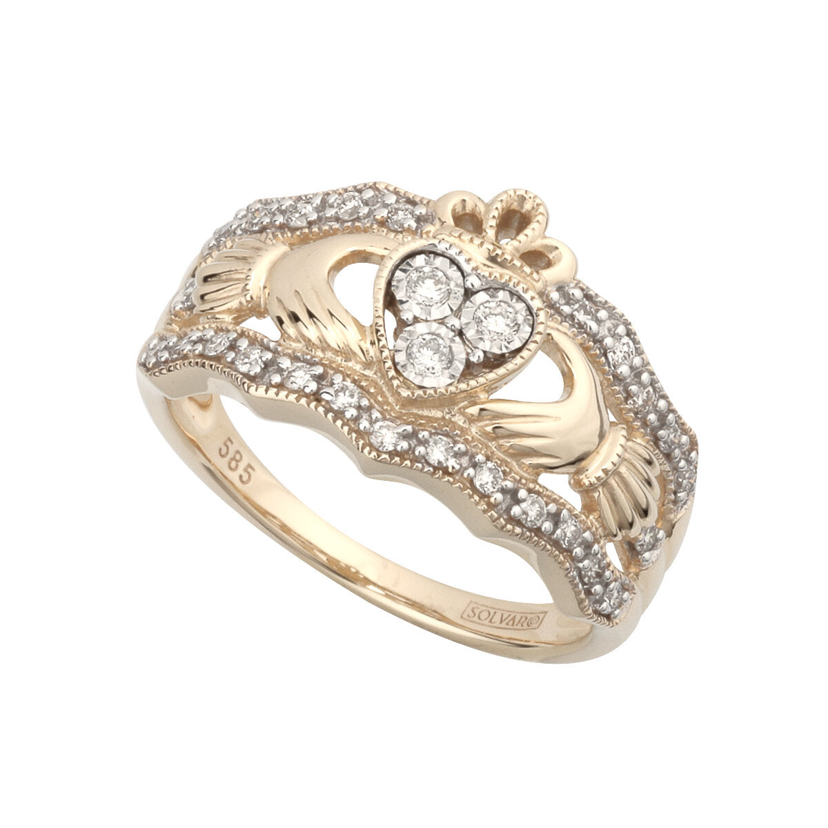 14ct Yellow Gold Diamond Claddagh Ring