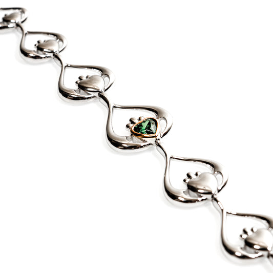 Sterling Silver and Rose Gold Claddagh Green Cubic Zirconia Bracelet