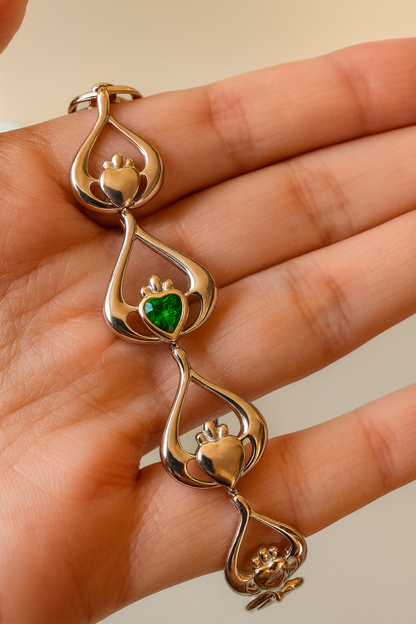 Sterling Silver and Rose Gold Claddagh Green Cubic Zirconia Bracelet