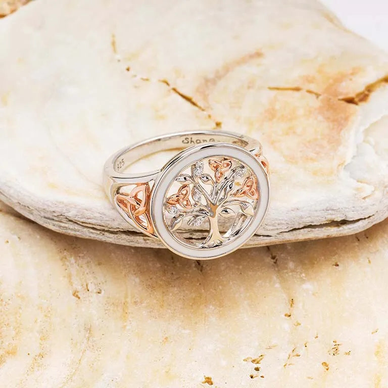 Sterling Silver Tree of Life Ring with Enamel, Cubic Zirconia and Rose Gold Detail