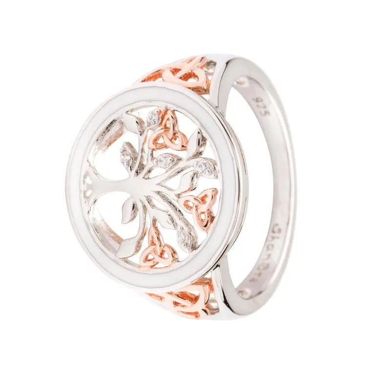 Sterling Silver Tree of Life Ring with Enamel, Cubic Zirconia and Rose Gold Detail
