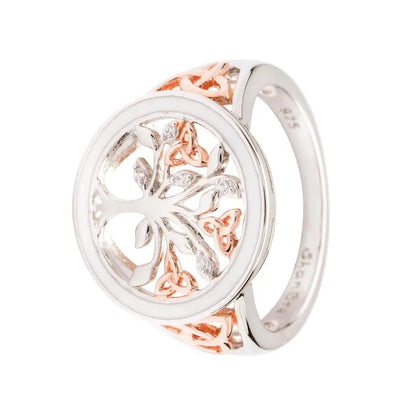 Sterling Silver Tree of Life Ring with Enamel, Cubic Zirconia and Rose Gold Detail