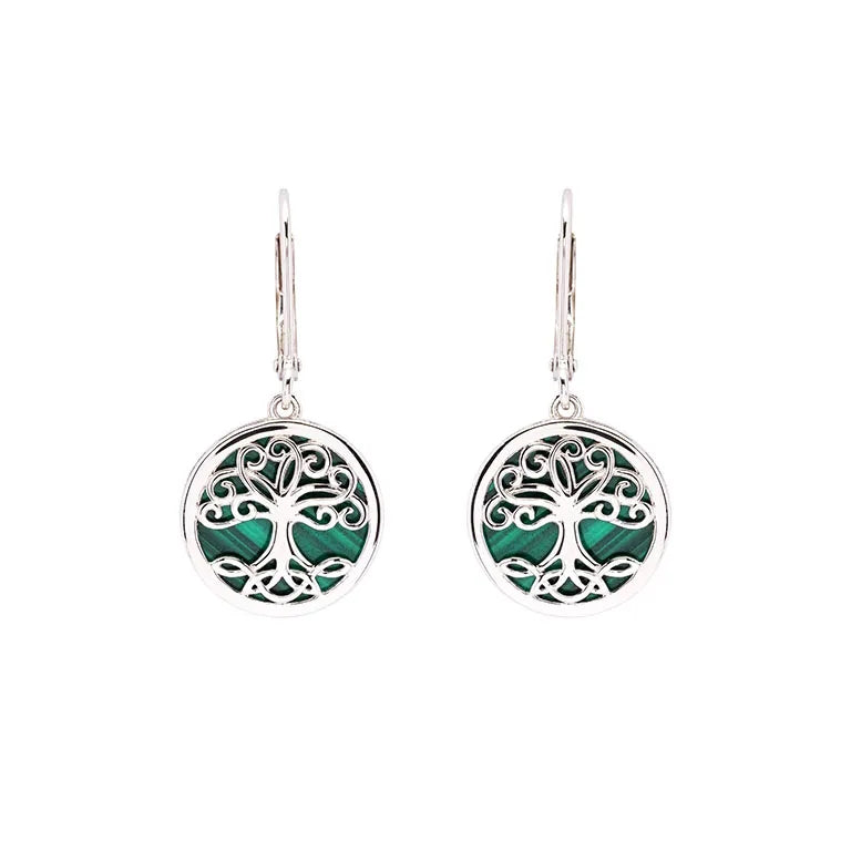 Sterling Silver Malachite Tree of Life Drop Earrings