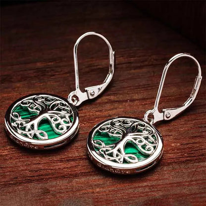 Sterling Silver Malachite Tree of Life Drop Earrings