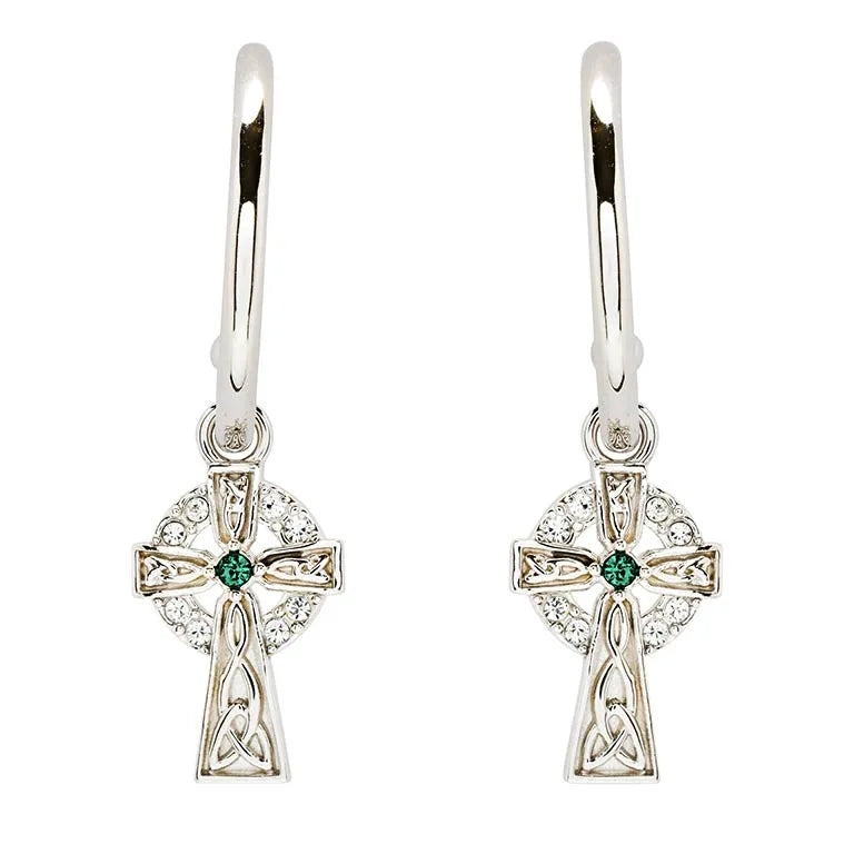 Sterling Silver Crystal Celtic Cross Hoop Earrings