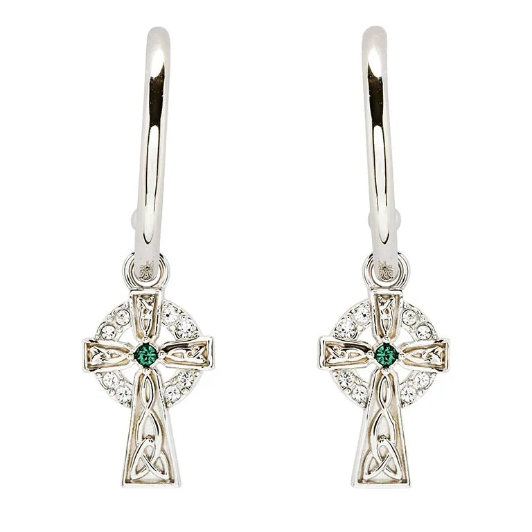 Sterling Silver Crystal Celtic Cross Hoop Earrings