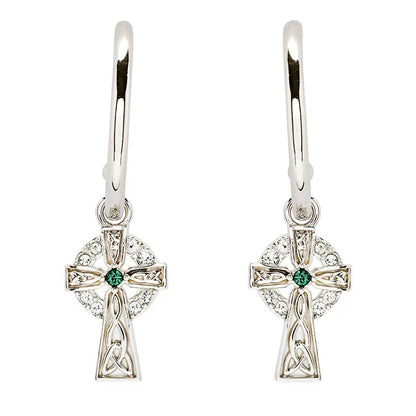 Sterling Silver Crystal Celtic Cross Hoop Earrings