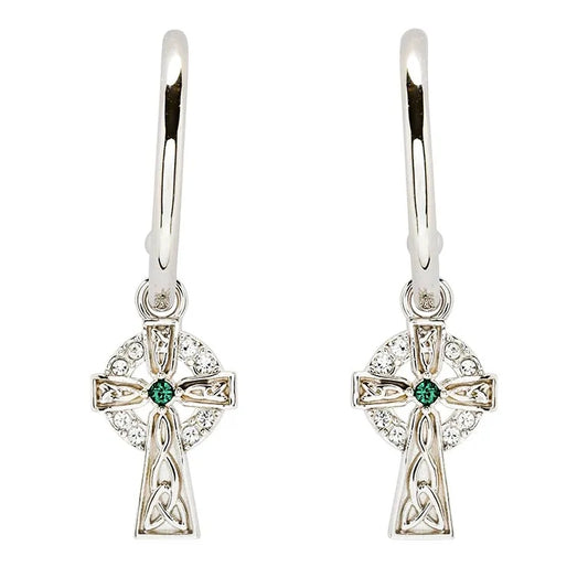 Sterling Silver Crystal Celtic Cross Hoop Earrings