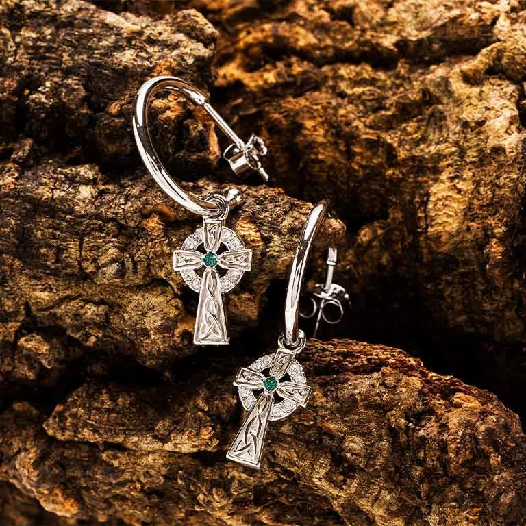 Sterling Silver Crystal Celtic Cross Hoop Earrings