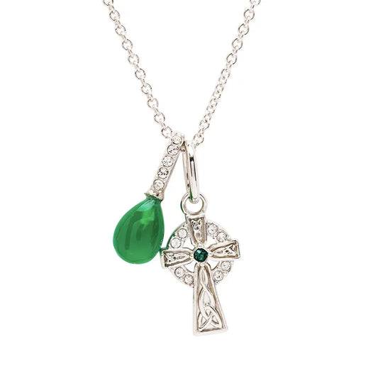 Sterling Silver Crystal and Green Agate Celtic Cross Necklace