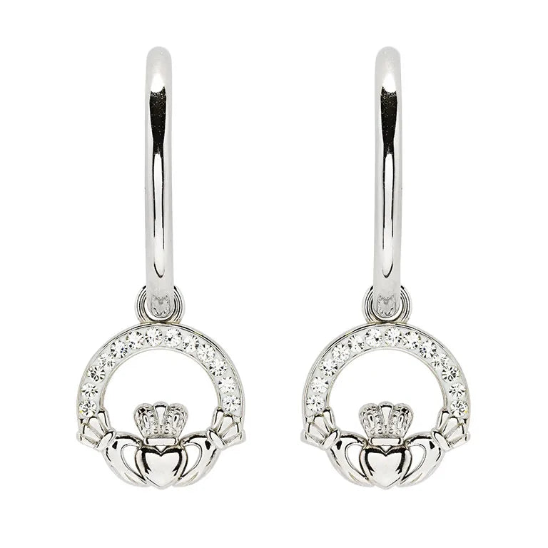 Sterling Silver Crystal Claddagh Hoop Earrings