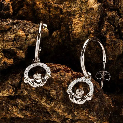 Sterling Silver Crystal Claddagh Hoop Earrings
