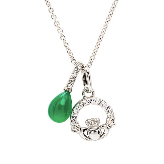 Sterling Silver White Crystal and Green Agate Claddagh Necklace