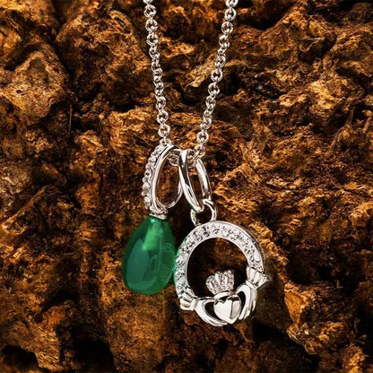 Sterling Silver White Crystal and Green Agate Claddagh Necklace
