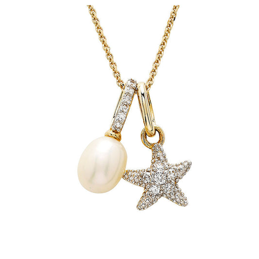 14ct Gold Lab Grown Diamond and Freshwater Pearl Star Fish Necklace
