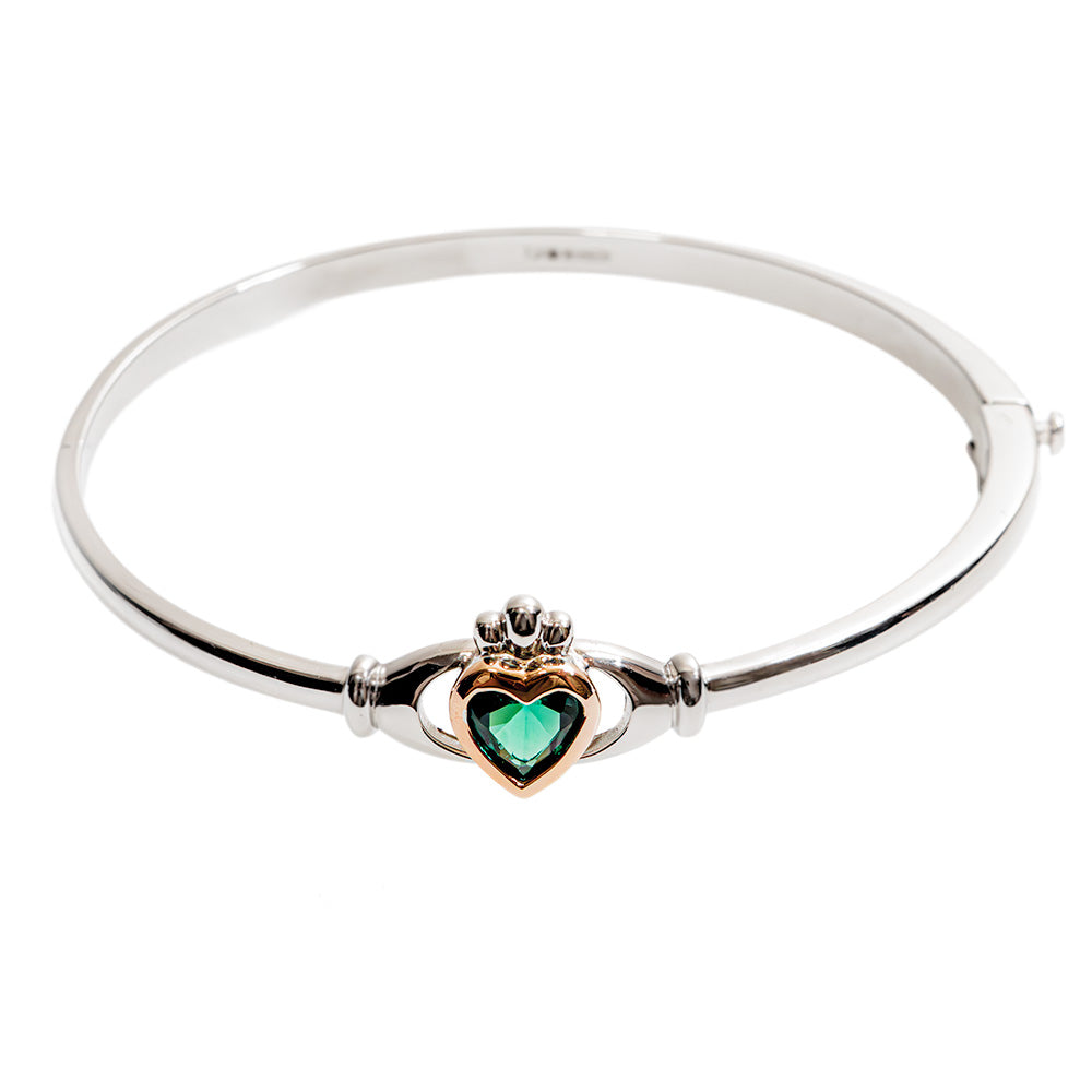 Sterling Silver and Rose Gold Claddagh Green Cubic Zirconia Bangle