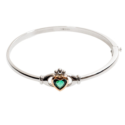 Sterling Silver and Rose Gold Claddagh Green Cubic Zirconia Bangle
